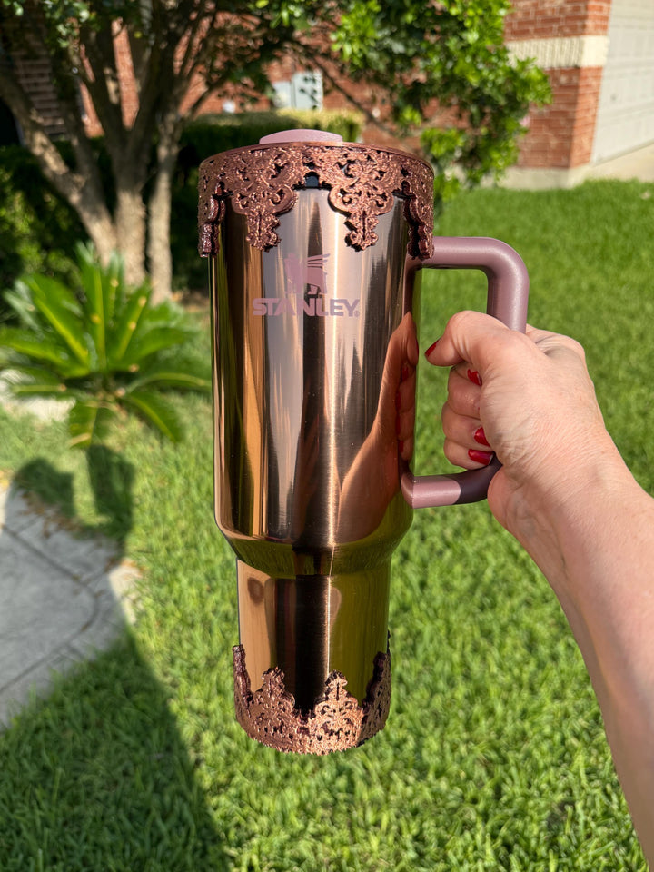 Damask Lace Tumbler Halo or Boot Rose, Stanley accessories, unique gift, deep purple, egg plant, rose gold, Quencher Pro Tour
