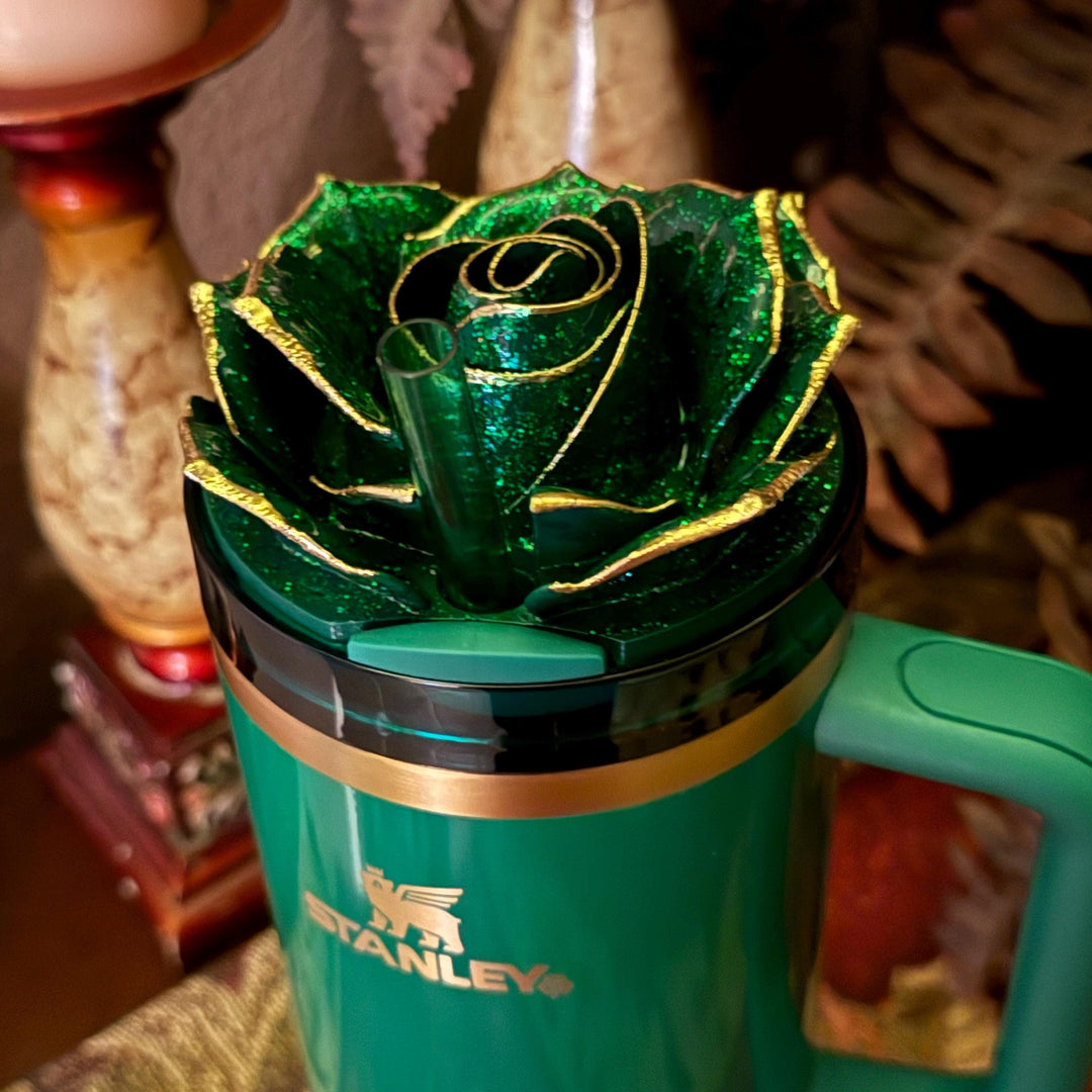 Green and Gold Tipped Fancy Rose tumbler topper, fits your Stanley Tumbler, HOT SELLER