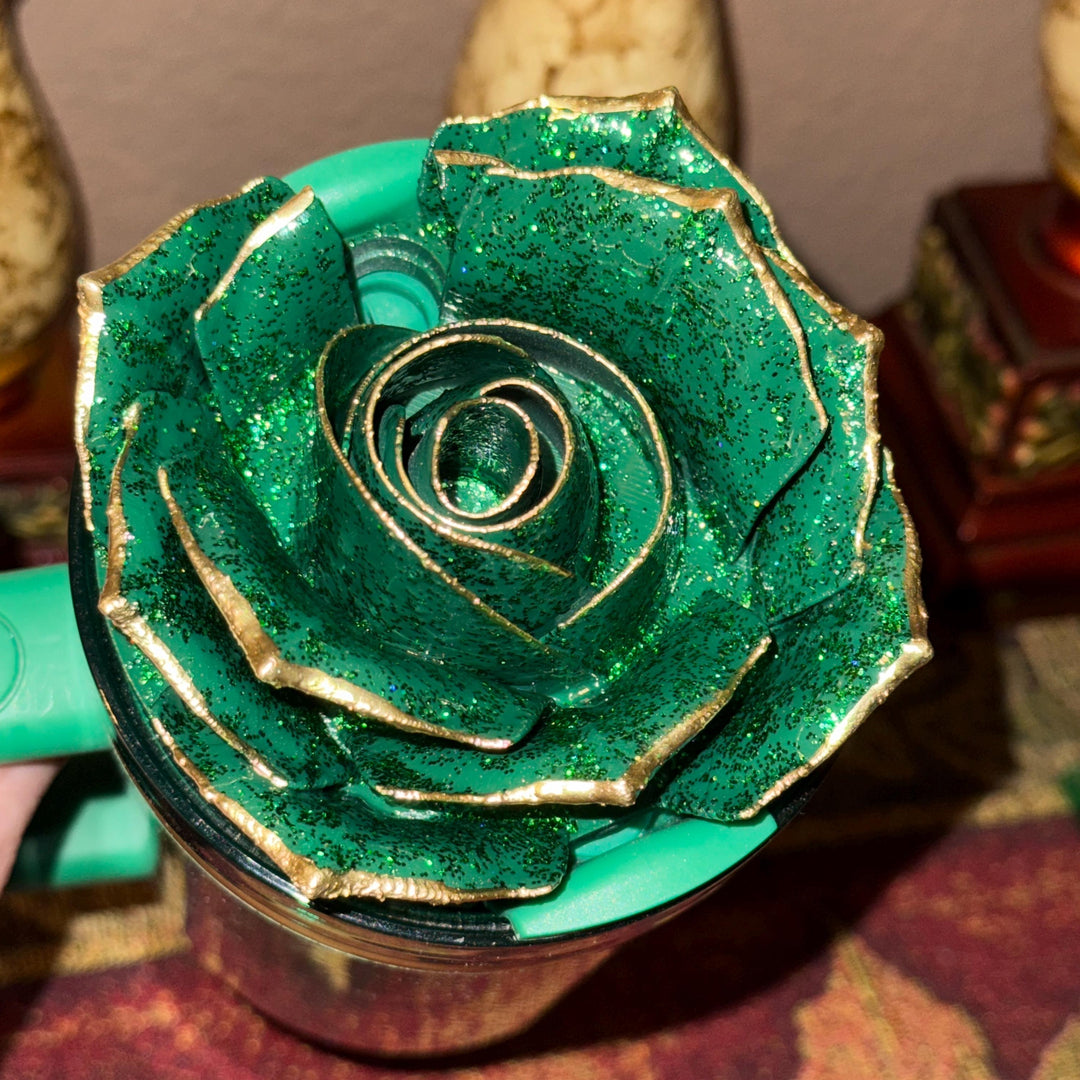 Green and Gold Tipped Fancy Rose tumbler topper, fits your Stanley Tumbler, March Saint Patrick's Day HOT SELLER
