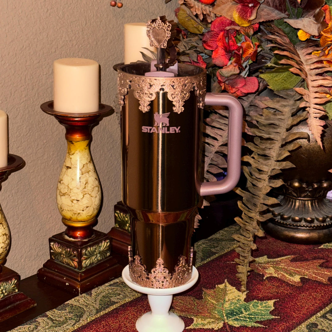 Damask Lace Tumbler Halo or Boot, Straw topper, Stanley accessories, unique gift, rose gold dark brown, Quencher Pro Tour