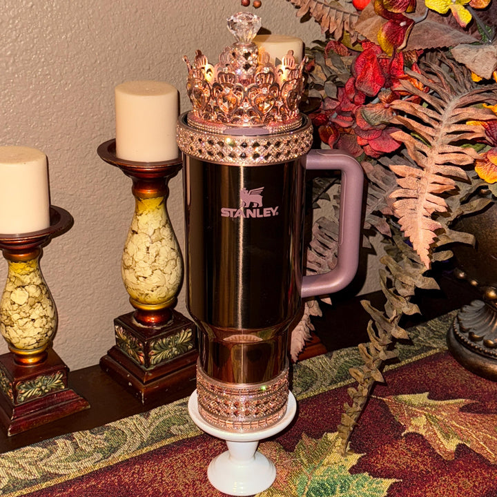 Polished Rose Gold Flat Fancy Rhinestone Tumbler Princess Collection, Stanley tumbler accessories, Crown Halo Boot Straw Topper Bow