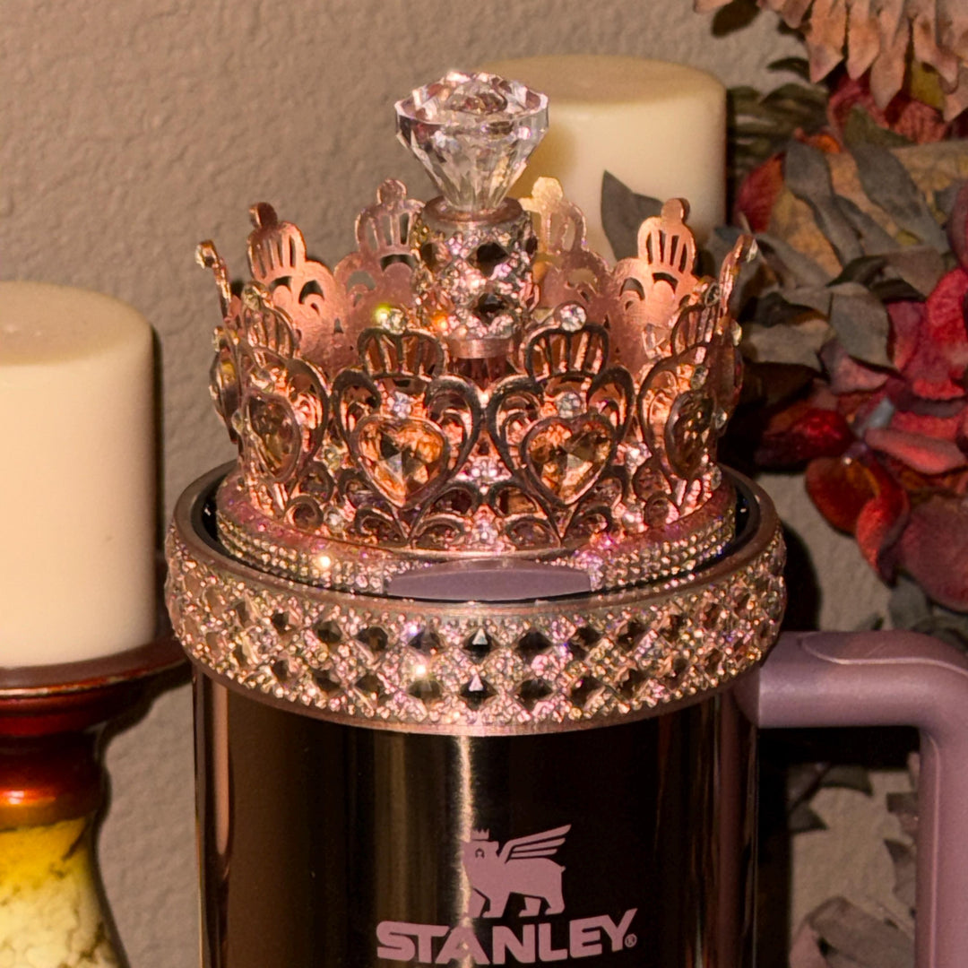 Polished Rose Gold Flat Fancy Rhinestone Tumbler Princess Collection, Stanley tumbler accessories, Crown Halo Boot Straw Topper Bow