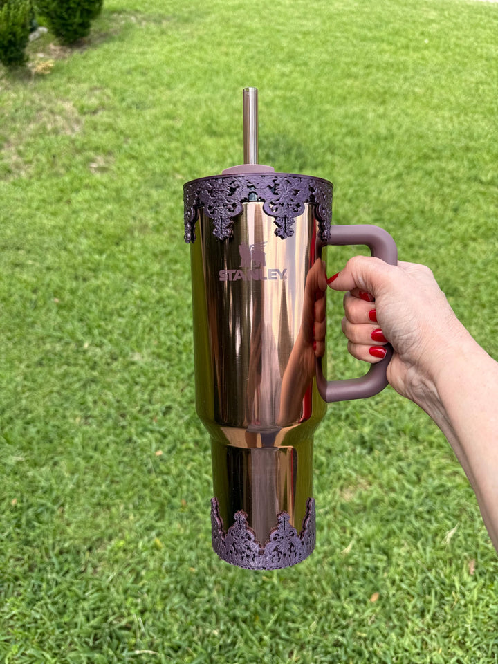 Damask Lace Tumbler Halo or Boot, Stanley accessories, unique gift, deep purple, egg plant, rose gold, Quencher and Pro Tour