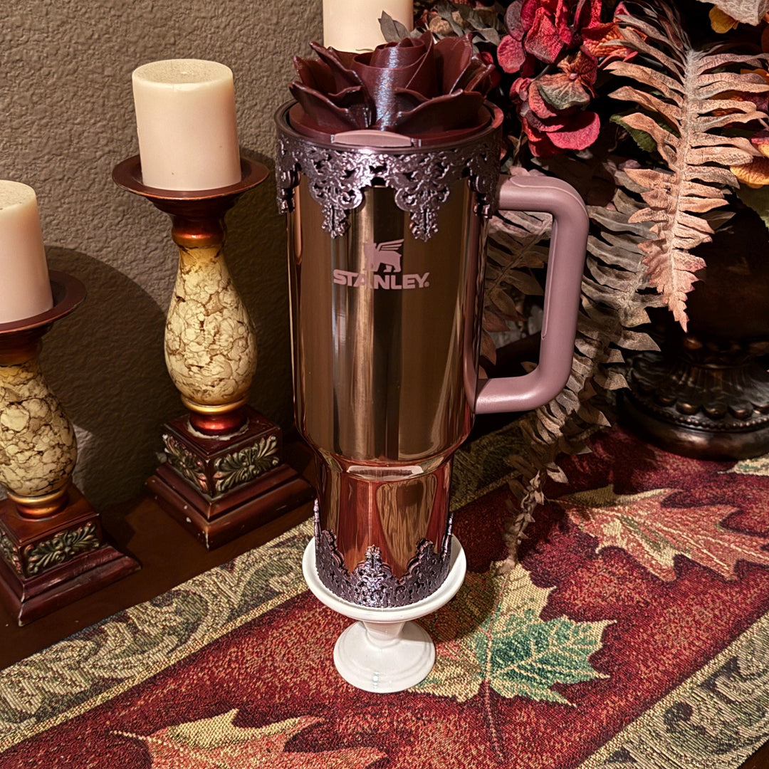Damask Lace Tumbler Halo or Boot, Stanley accessories, unique gift, deep purple, egg plant, rose gold, Quencher and Pro Tour