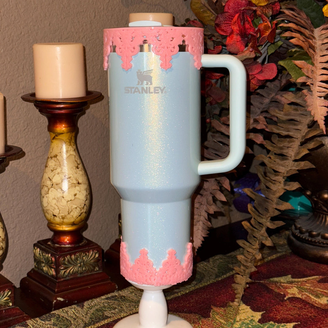 Beautiful Pink Damask Lace Lid Halo Bangle and Boot for Stanley tumblers, Fancy Tumbler Sleeves, Hot Seller