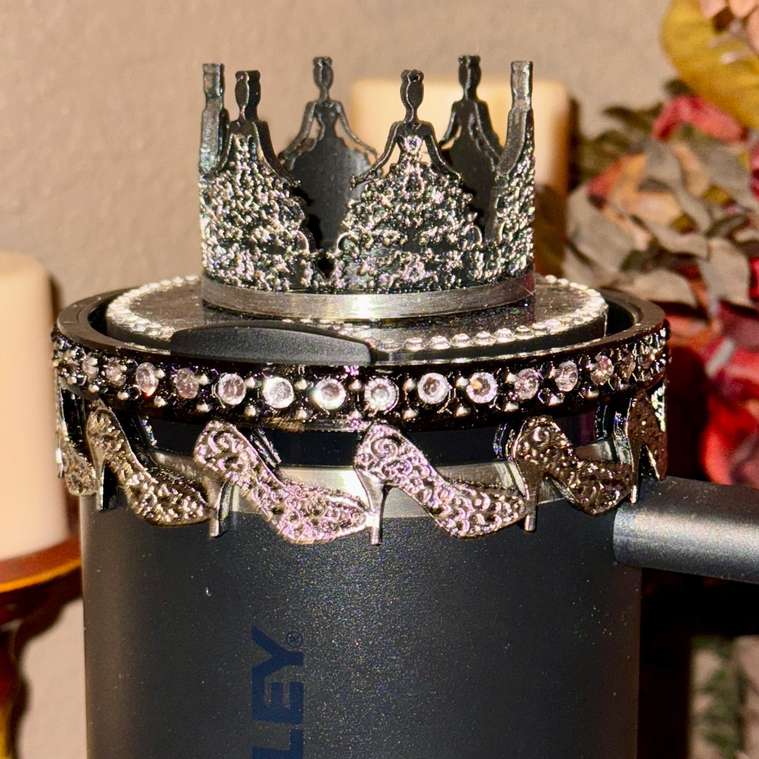 Black and Silver Diva Rhinestone Tumbler Boot, Lid Halo or Topper for Stanley tumblers, Princess Doll Purse High Heels stilettos ring