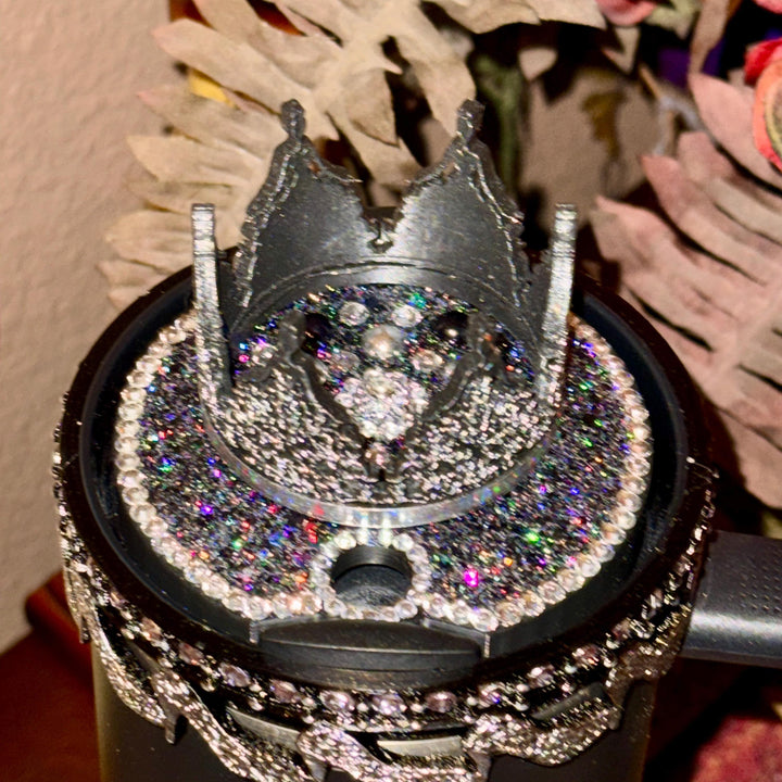 Black and Silver Diva Rhinestone Tumbler Boot, Lid Halo or Topper for Stanley tumblers, Princess Doll Purse High Heels stilettos ring