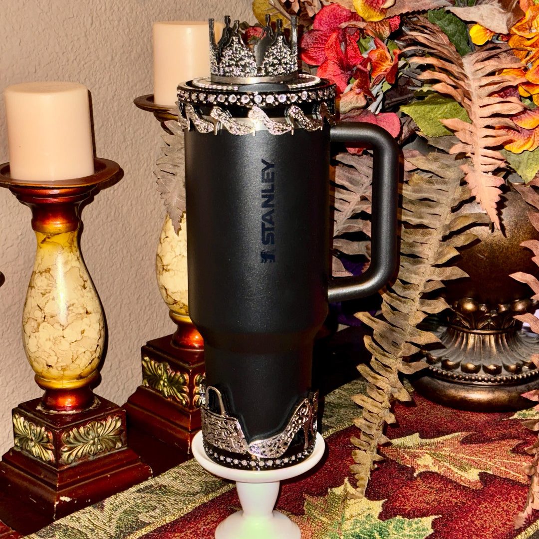 Black and Silver Diva Rhinestone Tumbler Boot, Lid Halo or Topper for Stanley tumblers, Princess Doll Purse High Heels stilettos ring