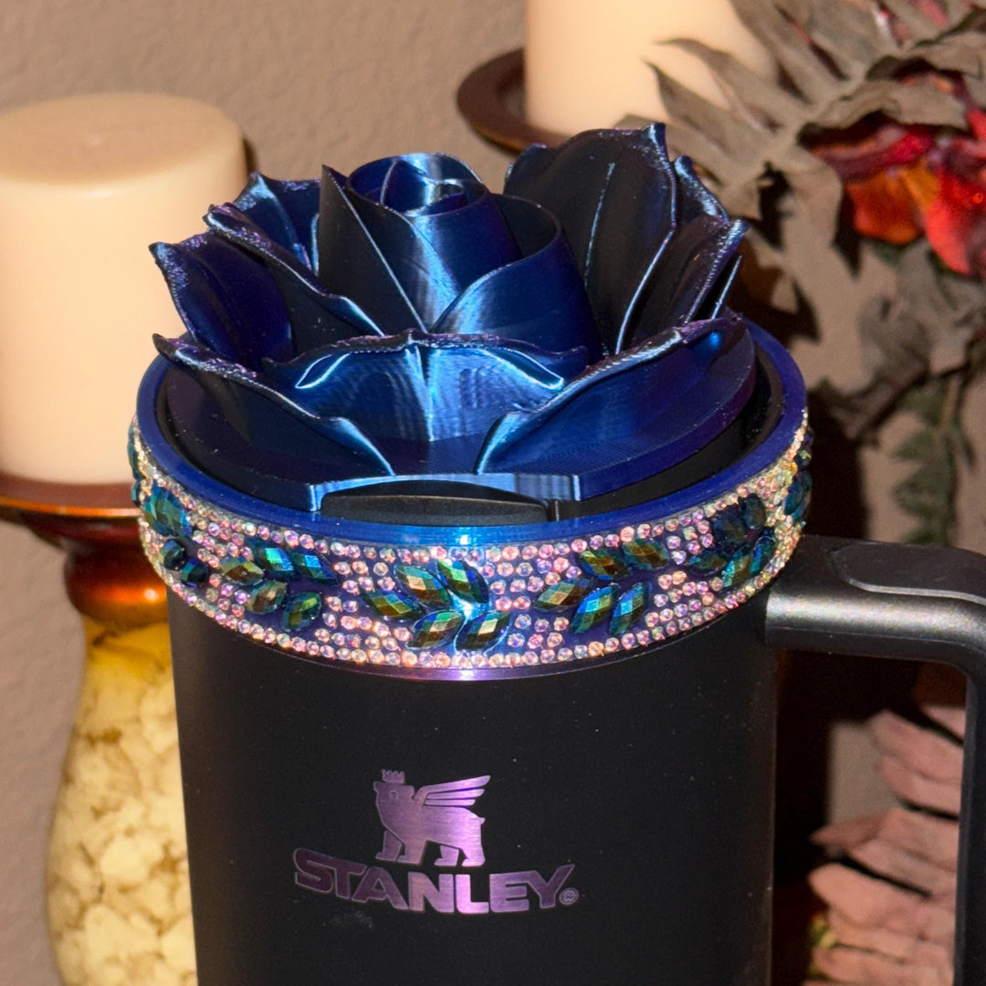 Black Blue Flower Flat Fancy Rhinestone Tumbler Princess Collection, Stanley accessories, Rose Halo Boot Straw Topper