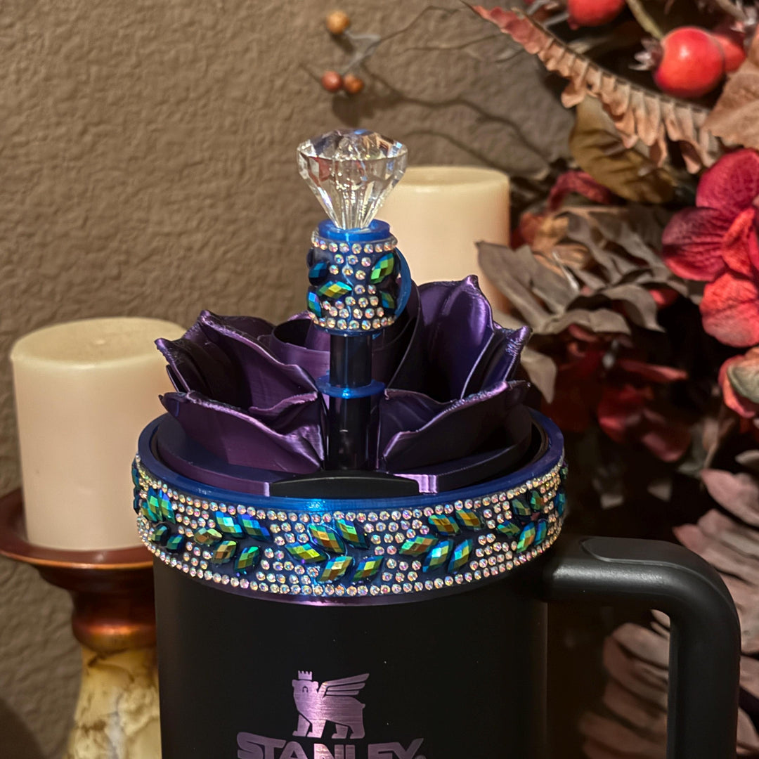 Black Blue Flower Flat Fancy Rhinestone Tumbler Princess Collection, Stanley accessories, Rose Halo Boot Straw Topper