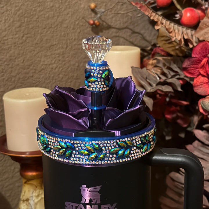 Black Blue Flower Flat Fancy Rhinestone Tumbler Princess Collection, Stanley accessories, Rose Halo Boot Straw Topper