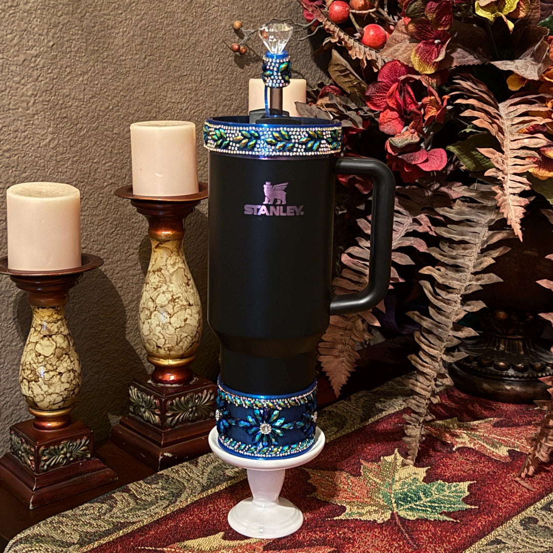 Black Blue Flower Flat Fancy Rhinestone Tumbler Princess Collection, Stanley accessories, Rose Halo Boot Straw Topper