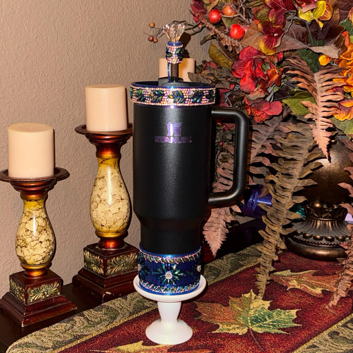 Black Blue Flower Flat Fancy Rhinestone Tumbler Princess Collection, Stanley accessories, Rose Halo Boot Straw Topper