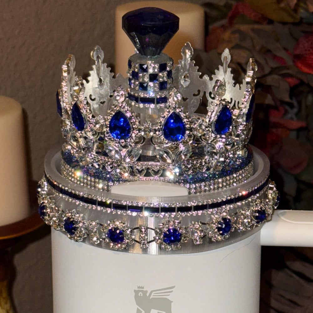 Elegant Blue Sapphire and Silver Rhinestone Royal Princess Accessories for Stanley Tumblers Queen Bling Fancy, Boujie Collection Unique Gift