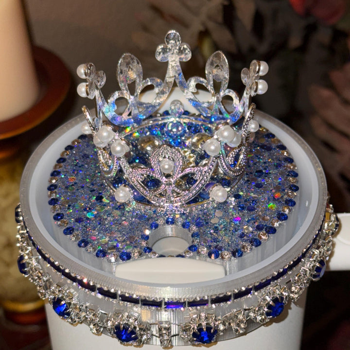 Elegant Blue Sapphire and Silver Rhinestone Royal Princess Accessories for Stanley Tumblers Queen Bling Fancy, Boujie Collection Unique Gift