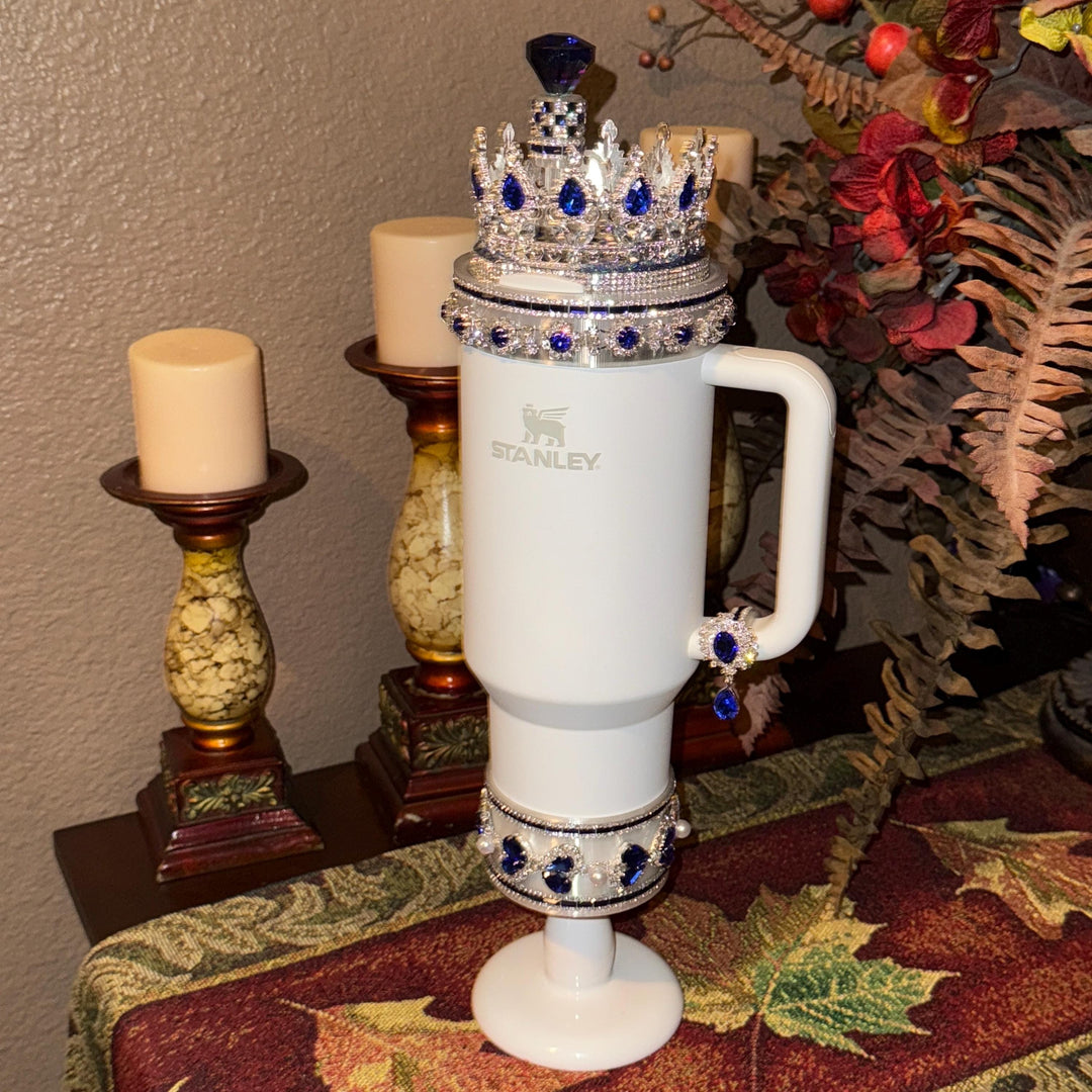 Elegant Blue Sapphire and Silver Rhinestone Royal Princess Accessories for Stanley Tumblers Queen Bling Fancy, Boujie Collection Unique Gift