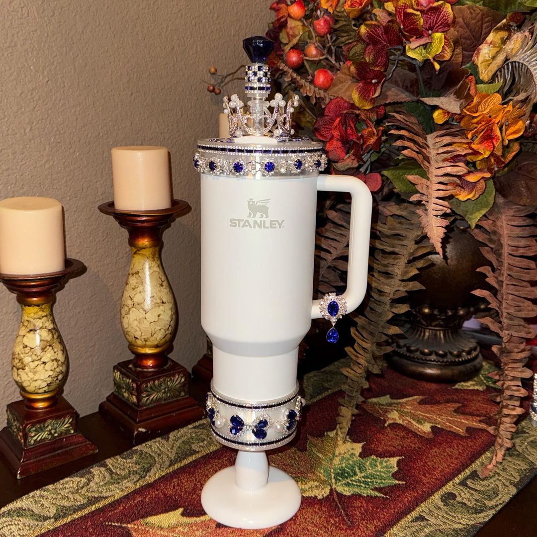 Elegant Blue Sapphire and Silver Rhinestone Royal Princess Accessories for Stanley Tumblers Queen Bling Fancy, Boujie Collection Unique Gift