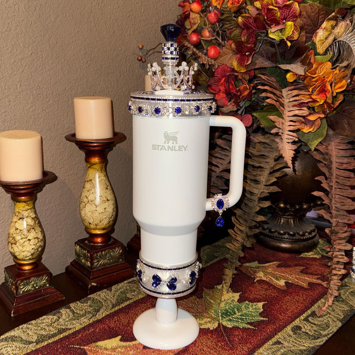 Elegant Blue Sapphire and Silver Rhinestone Royal Princess Accessories for Stanley Tumblers Queen Bling Fancy, Boujie Collection Unique Gift