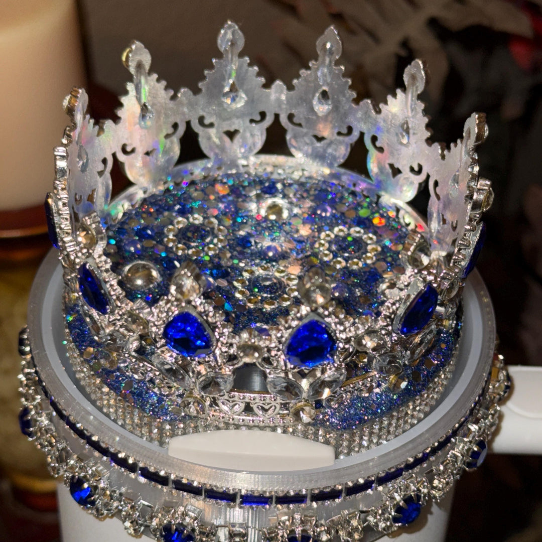 Elegant Blue Sapphire and Silver Rhinestone Royal Princess Accessories for Stanley Tumblers Queen Bling Fancy, Boujie Collection Unique Gift