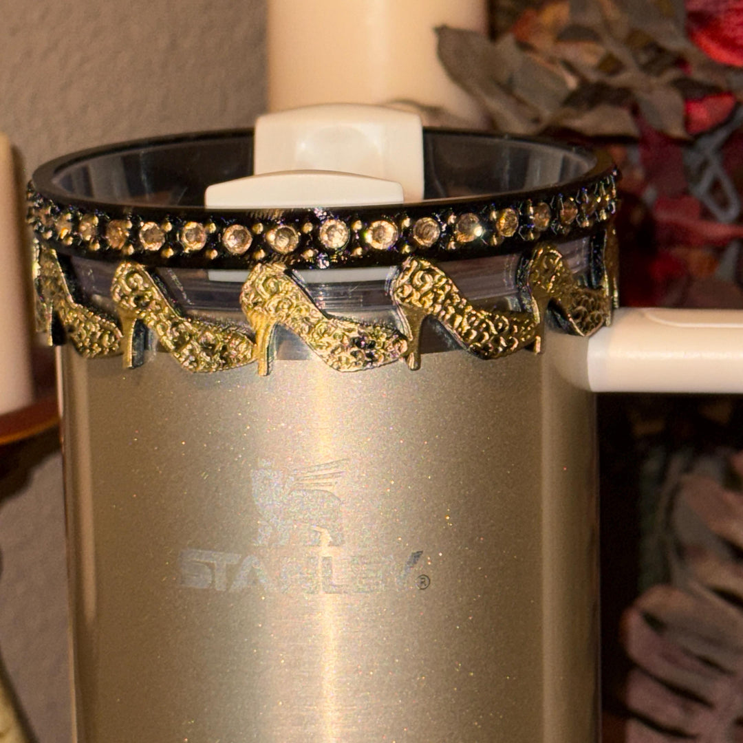 Black and Gold Diva Rhinestone Tumbler Boot, Lid Halo or Topper for Stanley tumblers, Princess Doll Purse High Heels stilettos ring