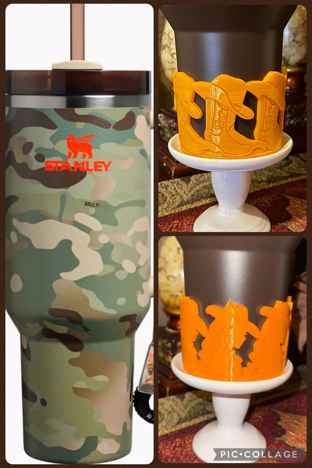 Orange Cowboy Boots Hat Cowgirl Western Camo Tumbler Boot, fits Stanley Tumbler, Cup Boot Sleeve, Unique Gift