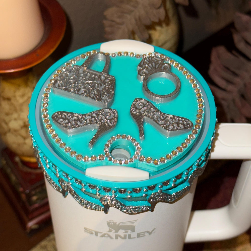 Teal Turquoise and Silver Diva Rhinestone Tumbler Boot, Lid Halo or Topper for Stanley tumblers, Princess Doll Purse High Heels stilettos