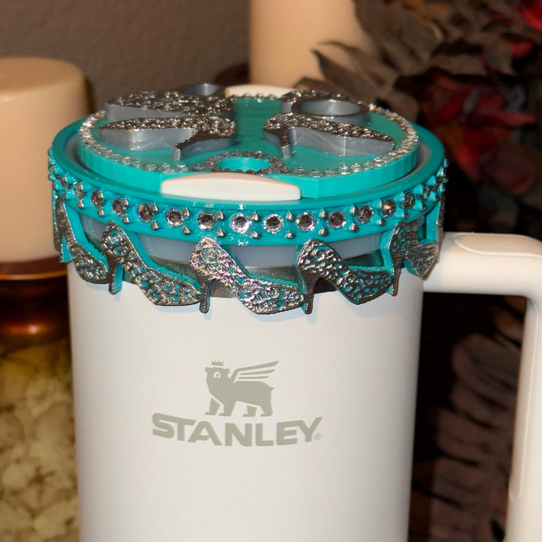 Teal Turquoise and Silver Diva Rhinestone Tumbler Boot, Lid Halo or Topper for Stanley tumblers, Princess Doll Purse High Heels stilettos
