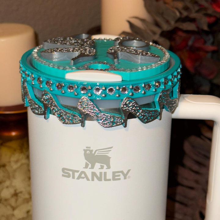 Teal Turquoise and Silver Diva Rhinestone Tumbler Boot, Lid Halo or Topper for Stanley tumblers, Princess Doll Purse High Heels stilettos