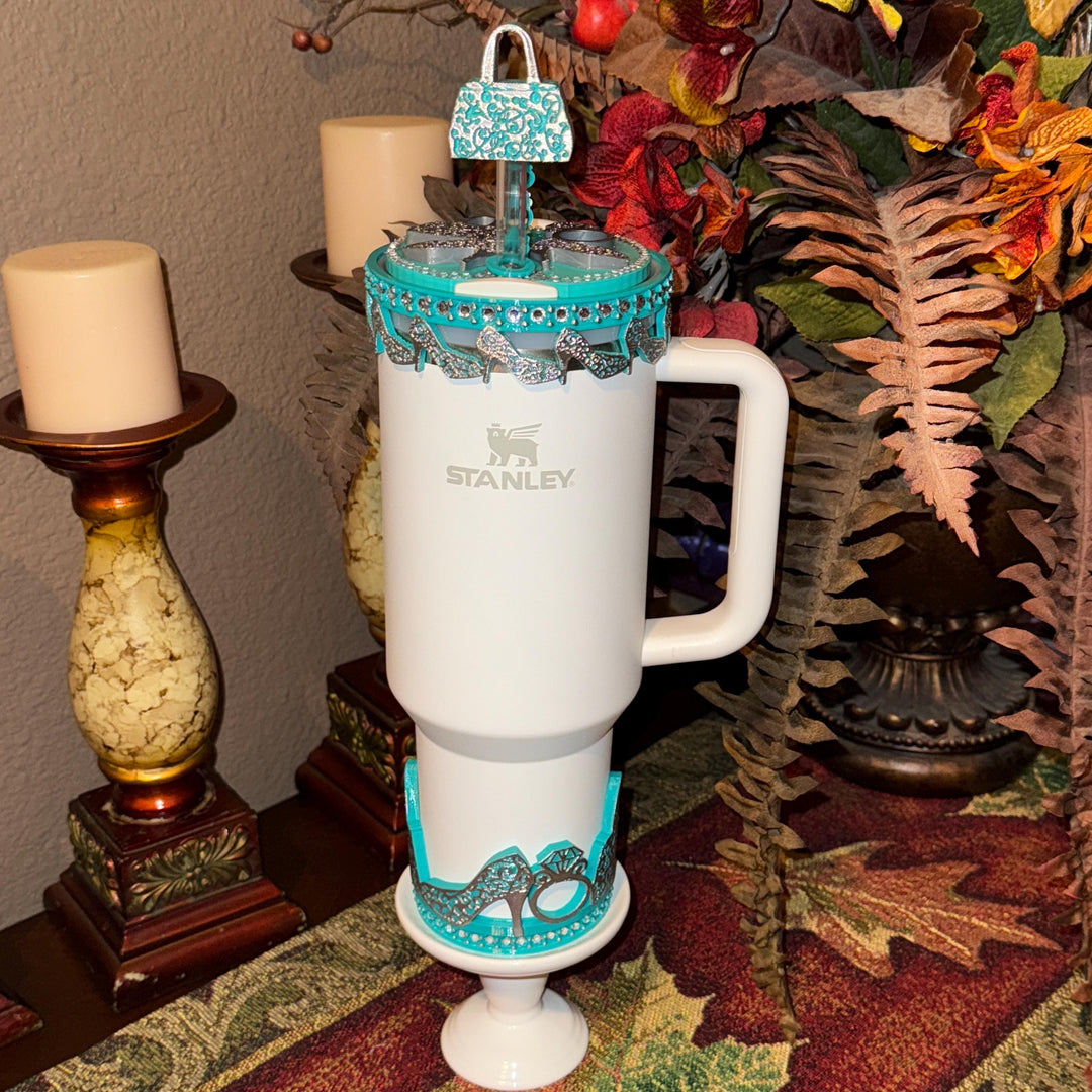 Teal Turquoise and Silver Diva Rhinestone Tumbler Boot, Lid Halo or Topper for Stanley tumblers, Princess Doll Purse High Heels stilettos