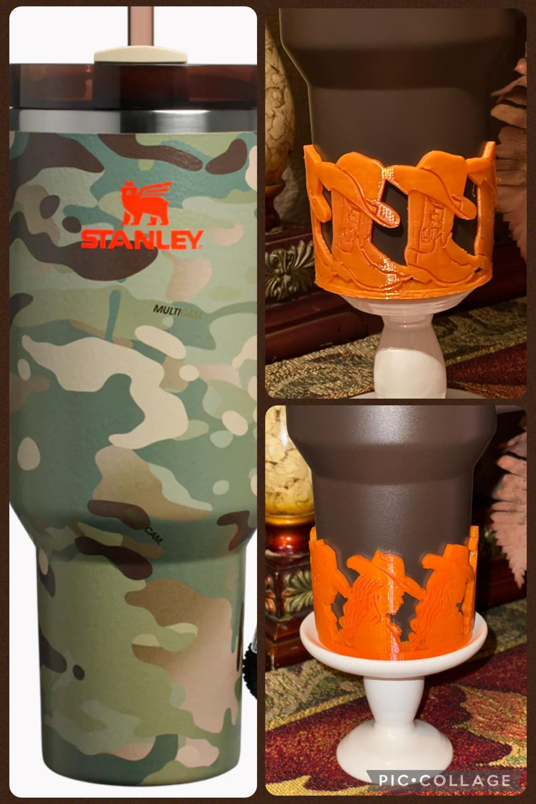 Orange Cowboy Boots Hat Cowgirl Western Camo Tumbler Boot, fits Stanley Tumbler, Cup Boot Sleeve, Unique Gift