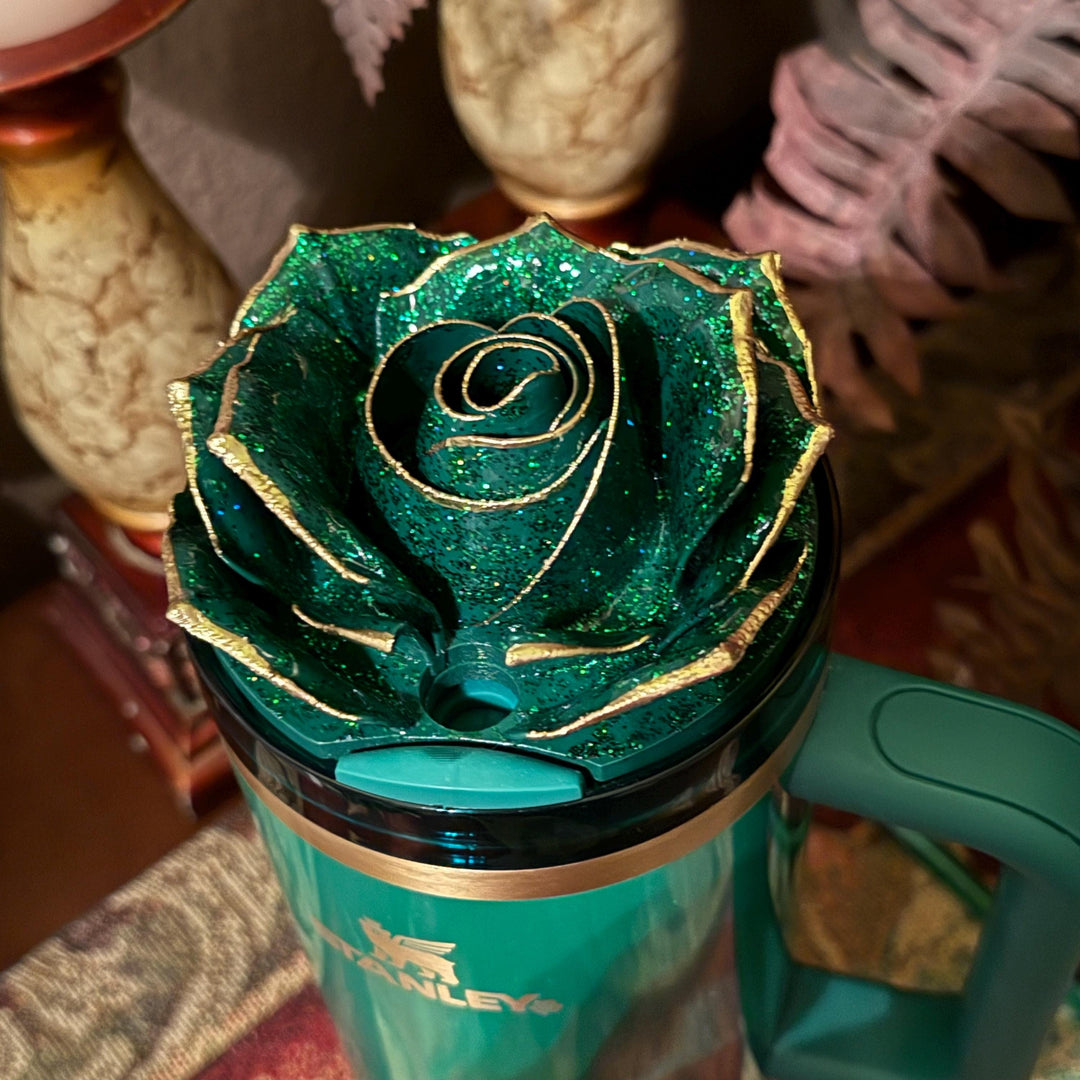 Green and Gold Tipped Fancy Rose tumbler topper, fits your Stanley Tumbler, March Saint Patrick's Day HOT SELLER