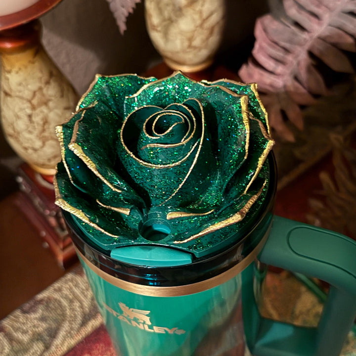 Green and Gold Tipped Fancy Rose tumbler topper, fits your Stanley Tumbler, March Saint Patrick's Day HOT SELLER