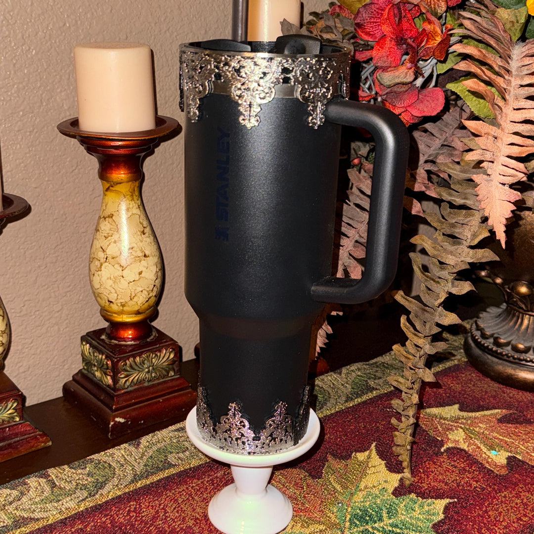 Black Silver Damask Lace Tumbler Boot or Halo, Tumbler Boot Sleeve, fits your Stanley Tumblers, Unique Gift