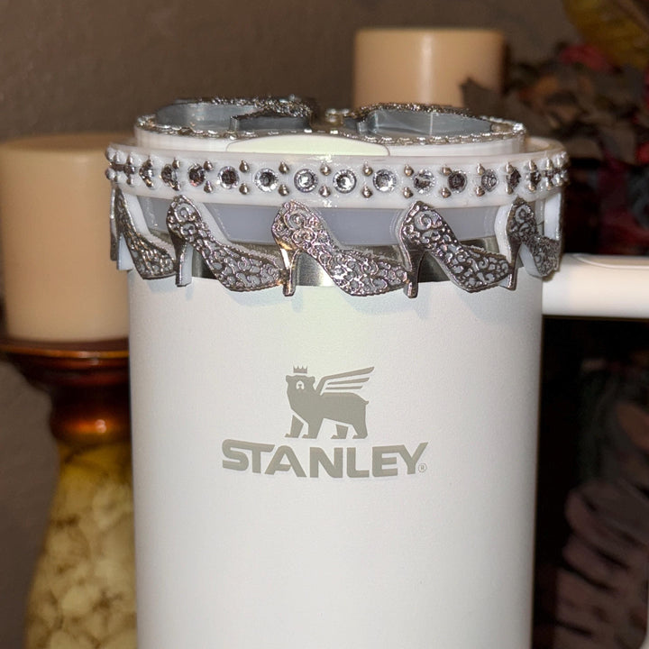 White and Silver Diva Rhinestone Tumbler Boot, Lid Halo or Topper for Stanley tumblers, Princess Doll Purse High Heels stilettos