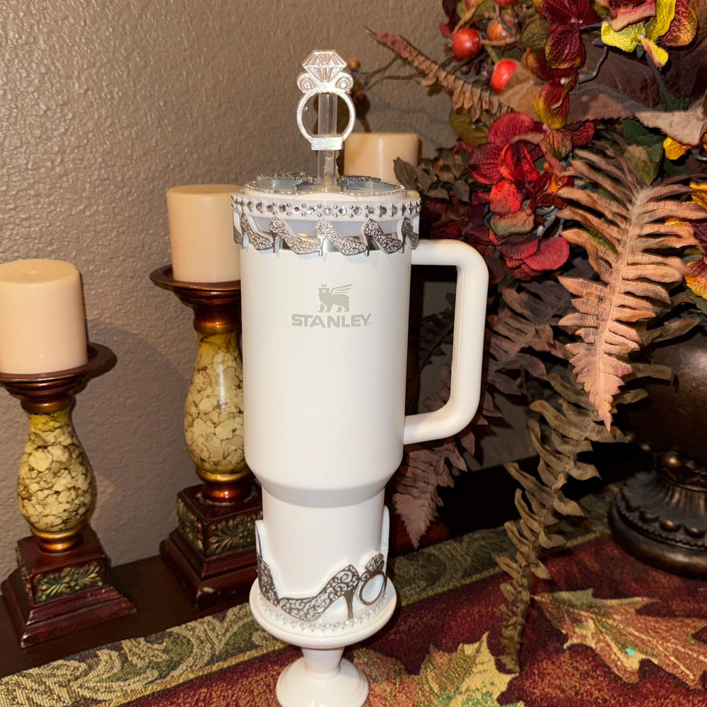 White and Silver Diva Rhinestone Tumbler Boot, Lid Halo or Topper for Stanley tumblers, Princess Doll Purse High Heels stilettos