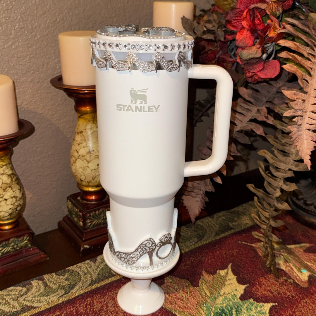 White and Silver Diva Rhinestone Tumbler Boot, Lid Halo or Topper for Stanley tumblers, Princess Doll Purse High Heels stilettos