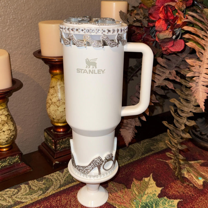 White and Silver Diva Rhinestone Tumbler Boot, Lid Halo or Topper for Stanley tumblers, Princess Doll Purse High Heels stilettos