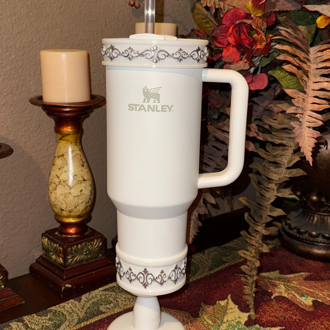 White Scroll Fancy Tumbler Boot Halo Accessory Collection for Stanley tumblers, Bangle Straw Topper