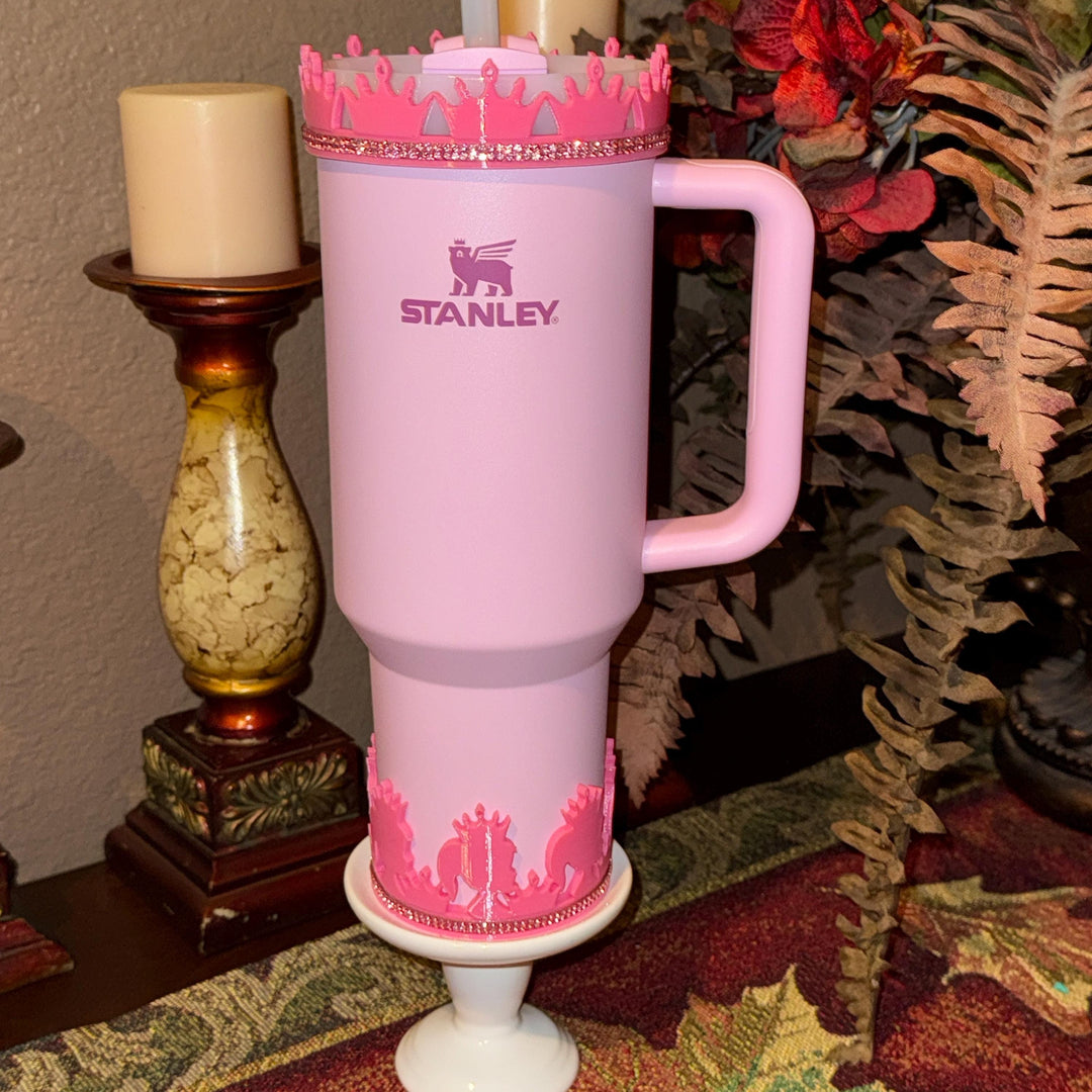Pink and Silver Princess Doll Rhinestone Tumbler Boot, Lid Halo, for Stanley tumblers, custom colors