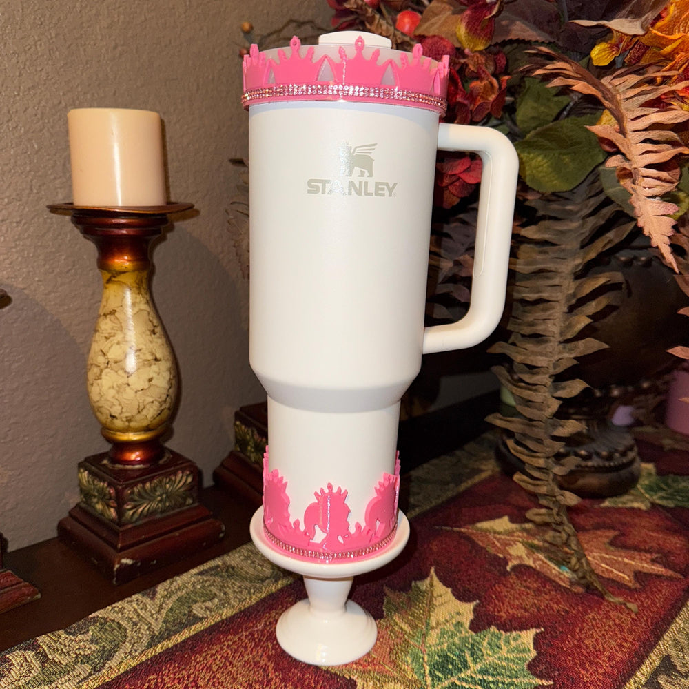 Pink and Silver Princess Doll Rhinestone Tumbler Boot, Lid Halo, for Stanley tumblers, custom colors