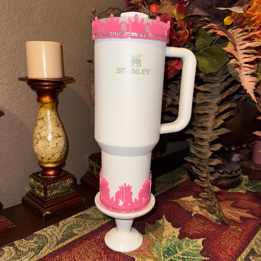 Pink and Silver Princess Doll Rhinestone Tumbler Boot, Lid Halo, for Stanley tumblers, custom colors