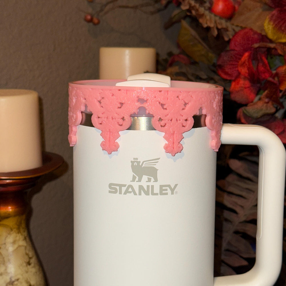 Beautiful Pink Damask Lace Lid Halo Bangle and Boot for Stanley tumblers, Fancy Tumbler Sleeves, Hot Seller
