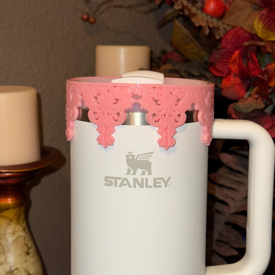 Beautiful Pink Damask Lace Lid Halo Bangle and Boot for Stanley tumblers, Fancy Tumbler Sleeves, Hot Seller