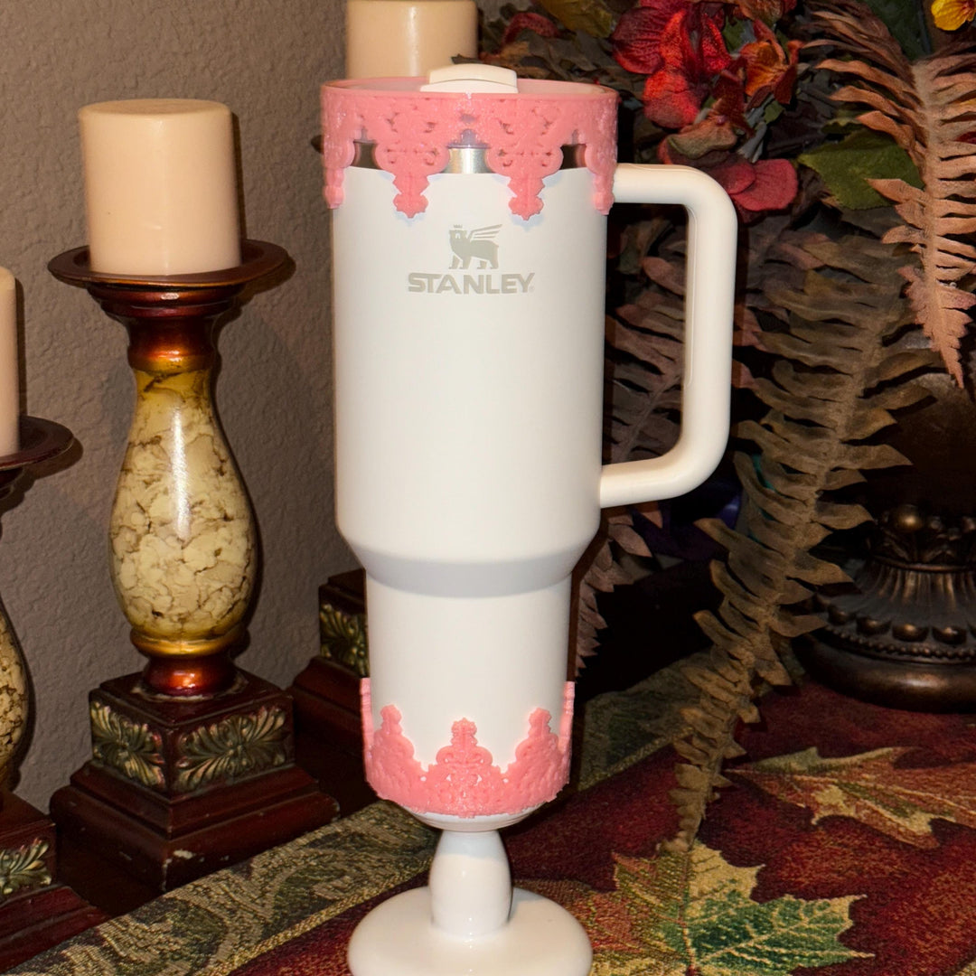 Beautiful Pink Damask Lace Lid Halo Bangle and Boot for Stanley tumblers, Fancy Tumbler Sleeves, Hot Seller