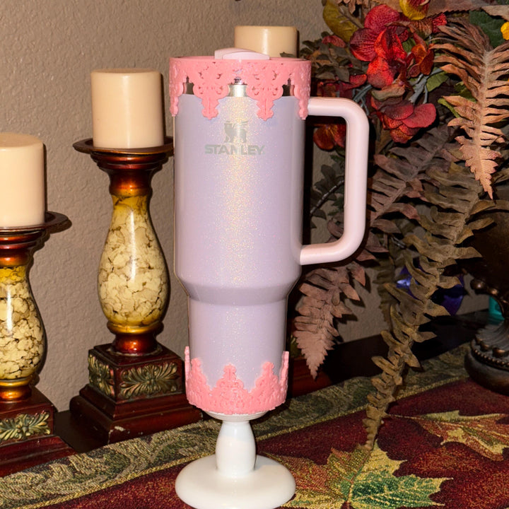 Beautiful Pink Damask Lace Lid Halo Bangle and Boot for Stanley tumblers, Fancy Tumbler Sleeves, Hot Seller