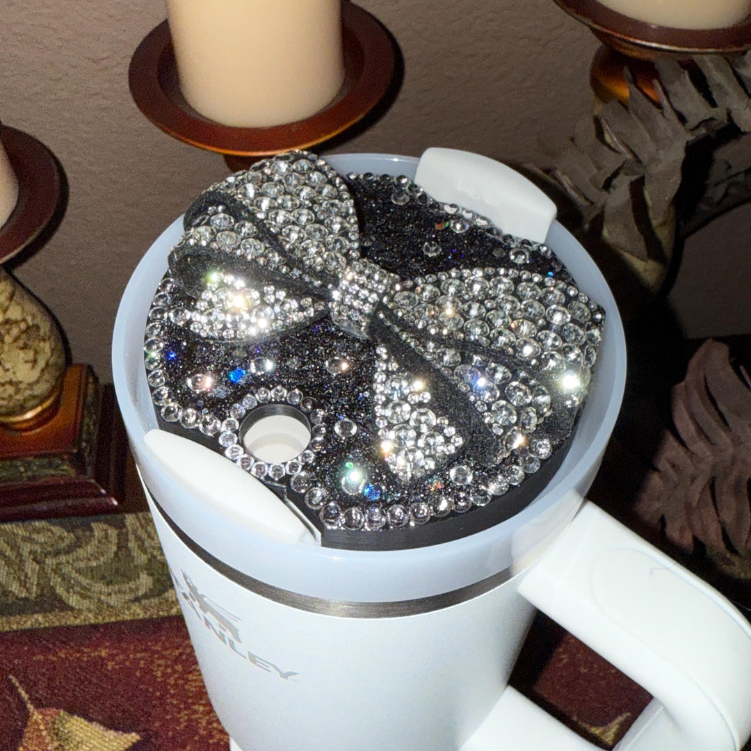 Fancy Black Silver Rhinestone Bow tumbler topper, fits Stanley lids, Rhinestones, decorative lid, unique gift, Hot Seller
