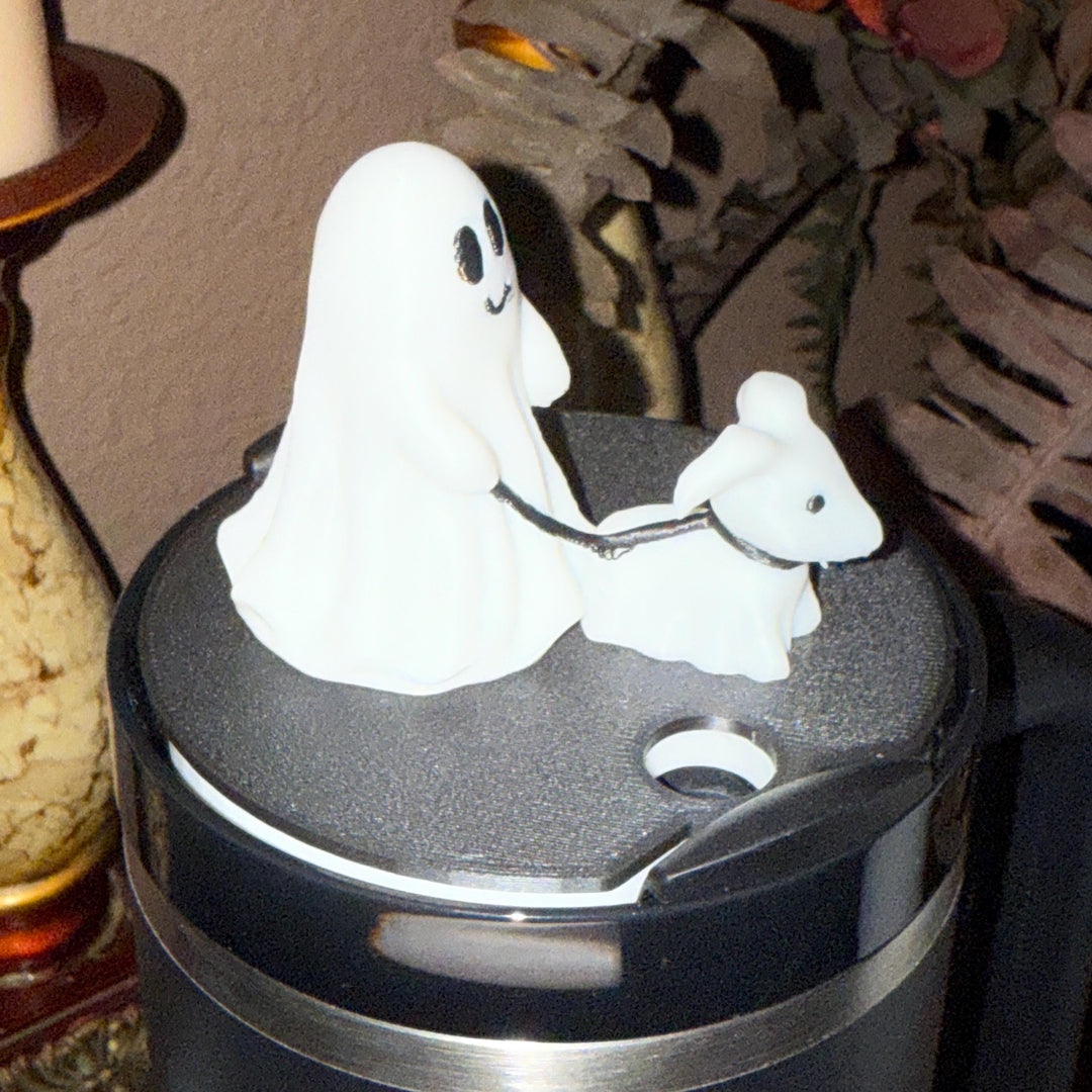 Halloween Ghost Walking Dog Tumbler Topper, 3D Decorative Lid, fits Stanley tumblers, 20 oz, 30 oz or 40 oz, Spooky Vibes
