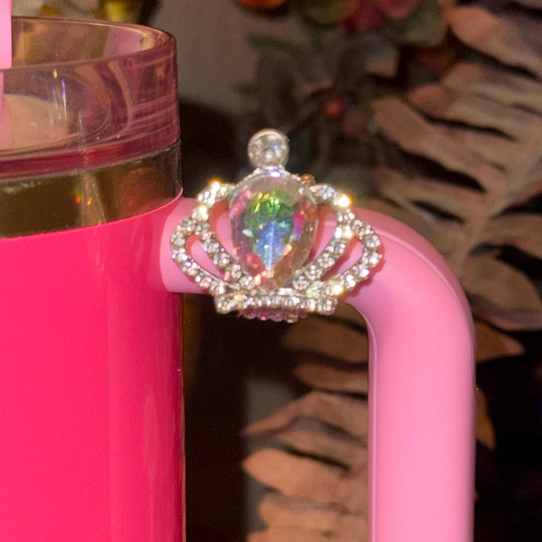 Beautiful Iridescent Silver Crown Hanging Dangle Rhinestone Cup Handle Clips – Magnetic Tumbler Charm Accessory