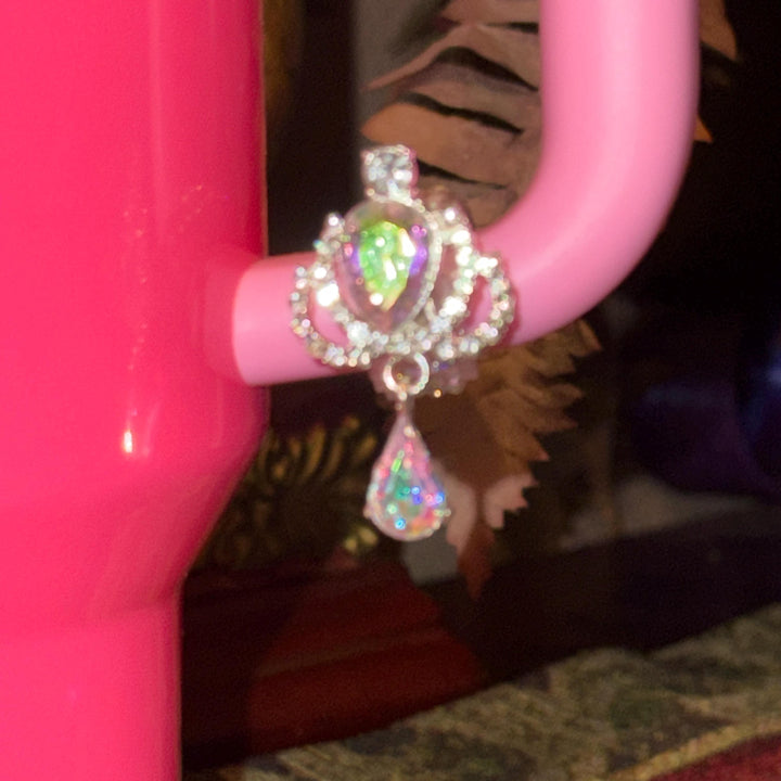 Beautiful Iridescent Silver Crown Hanging Dangle Rhinestone Cup Handle Clips – Magnetic Tumbler Charm Accessory