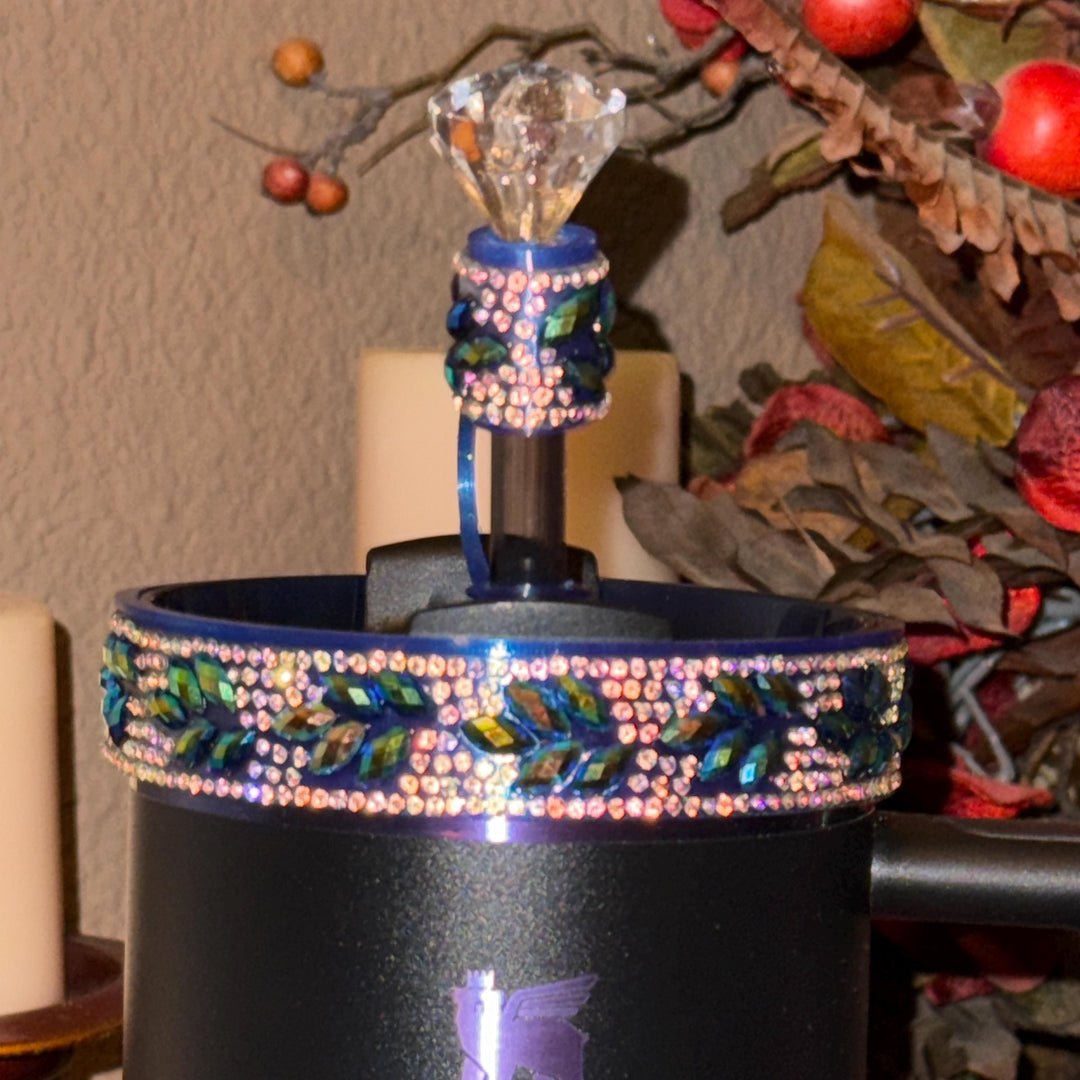 Black Blue Flower Flat Fancy Rhinestone Tumbler Princess Collection, Stanley accessories, Rose Halo Boot Straw Topper